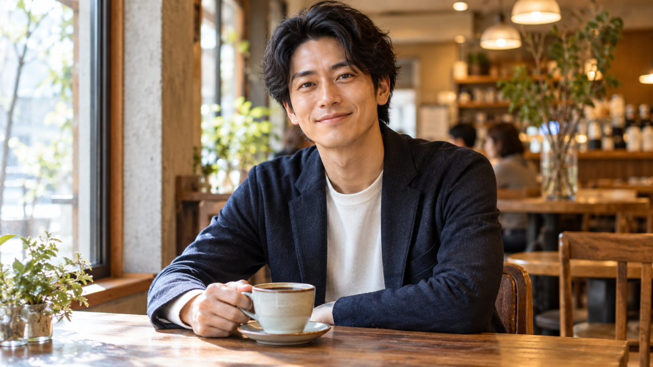 カフェで穏やかな表情で会話している成熟した男性のシーン
