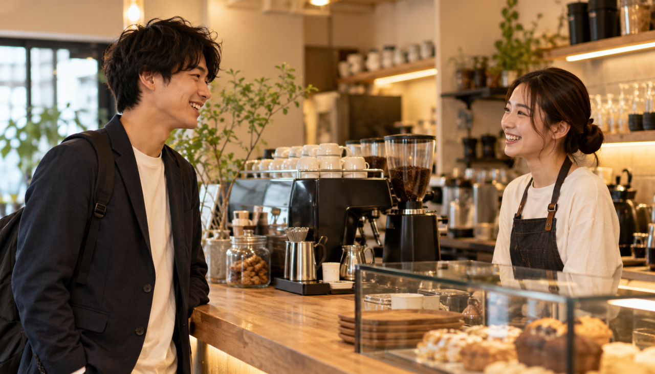 カフェのバイト先で笑顔で会話している大学生風の男性のシーン