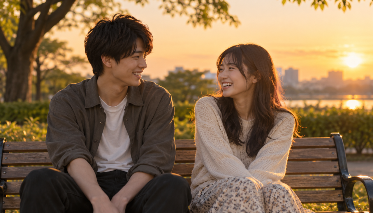 夕暮れ時に公園で2人で並んで話している大学生カップルのシーン