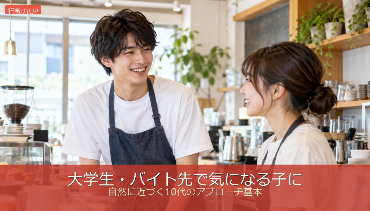 バイト先で気になる女性に笑顔で話しかける爽やか大学生風男性のシーン