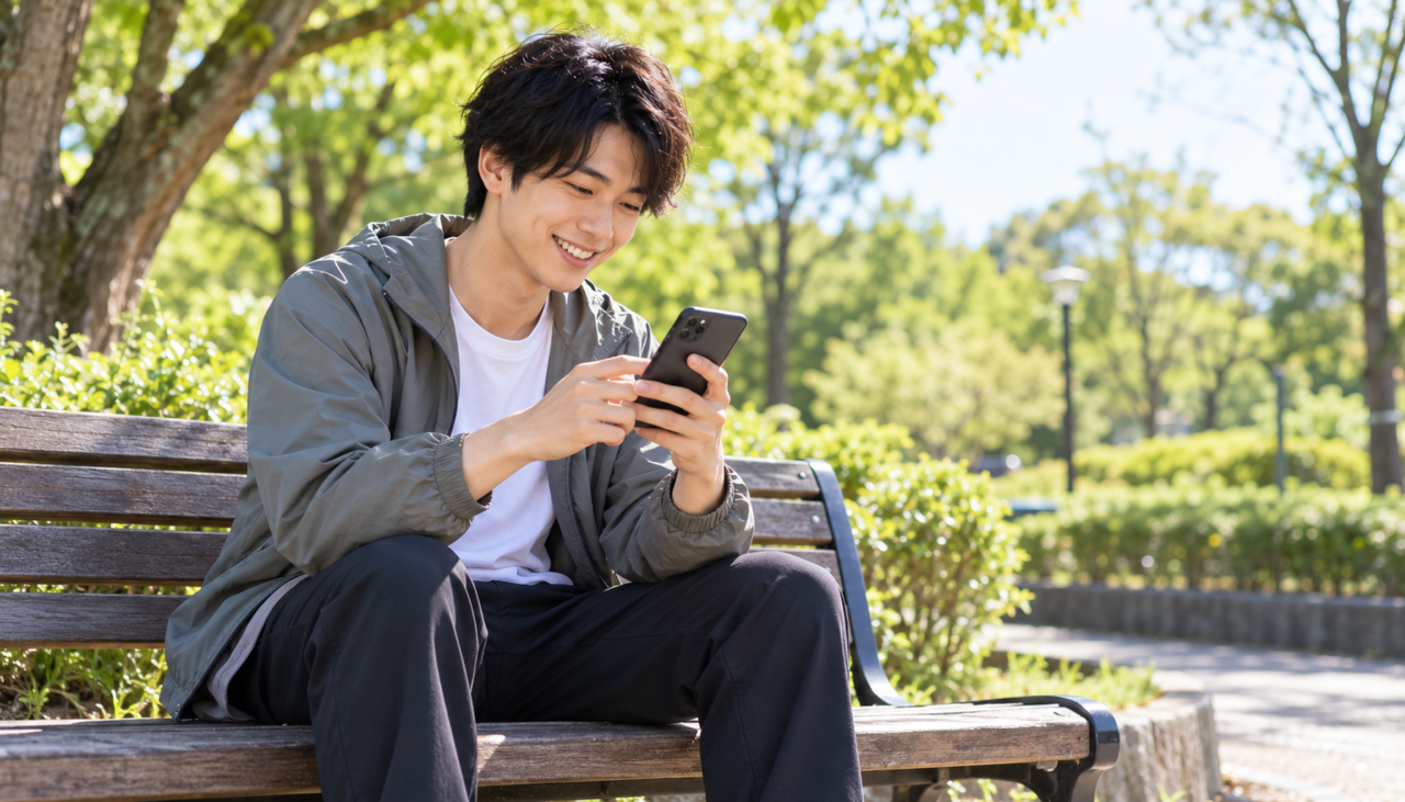 公園でスマートフォンのLINEを見ながら笑顔の大学生男性のシーン