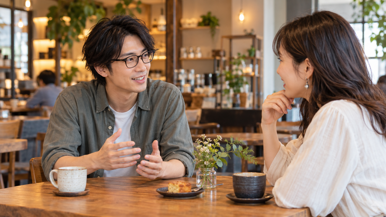 カフェで女性と楽しそうに会話している男性のシーン