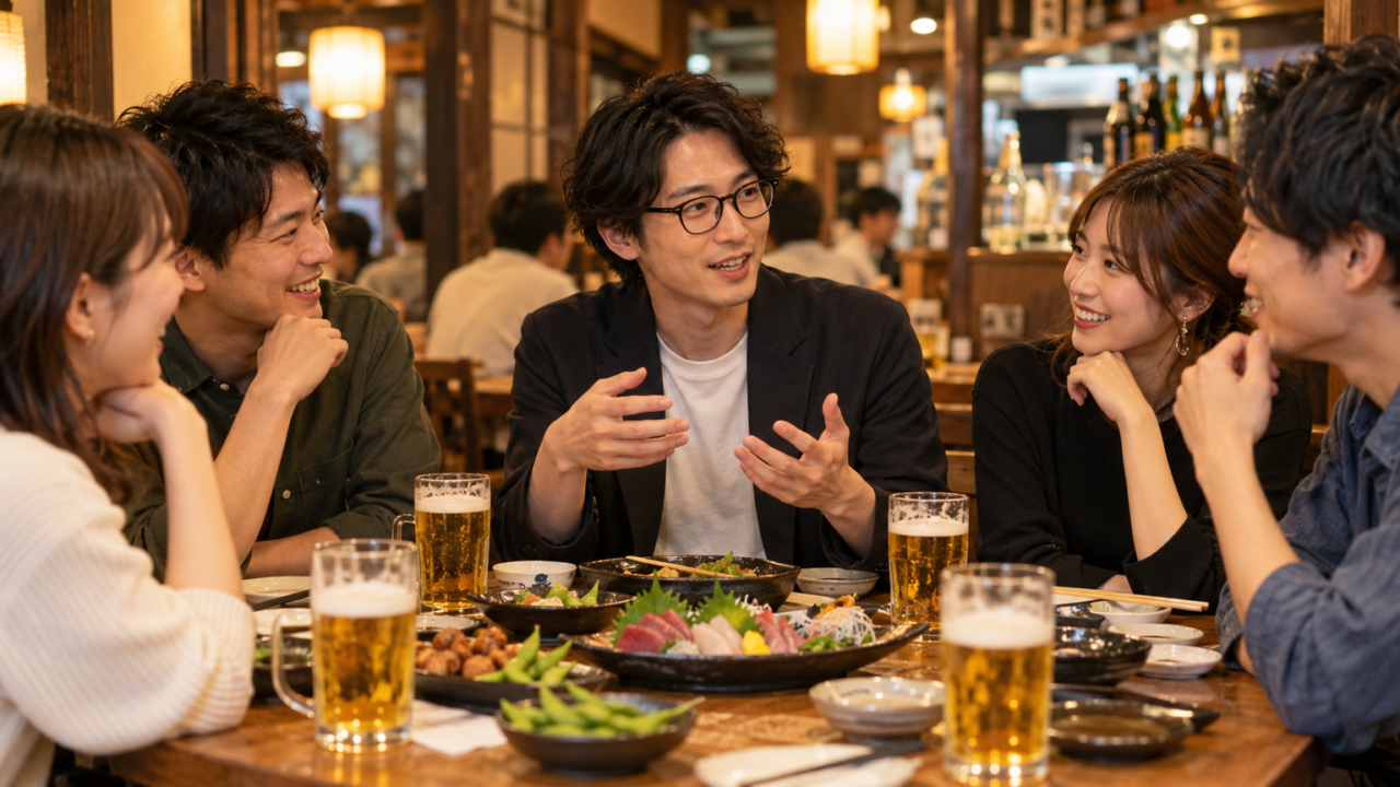 飲み会で女性グループと楽しく会話している男性たちのシーン