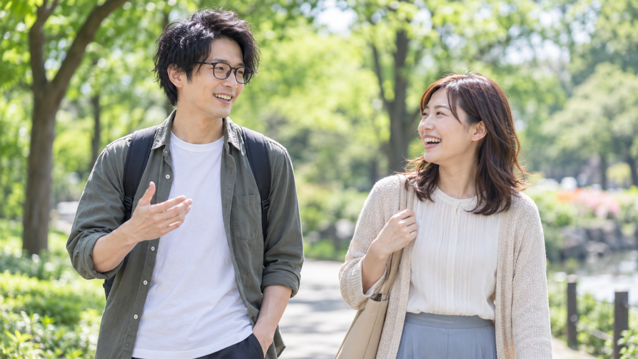 公園で女性と楽しそうに笑いながら話している男性のシーン