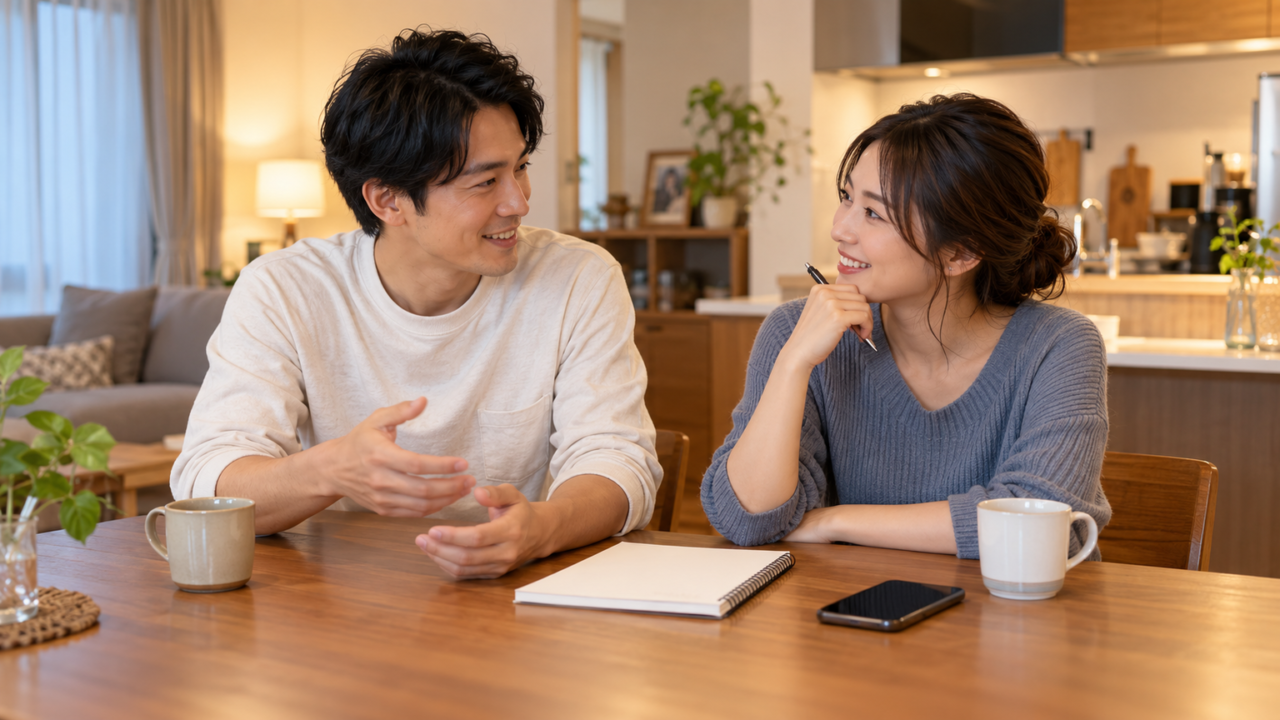 夫婦で家事の役割分担について話し合っているシーン