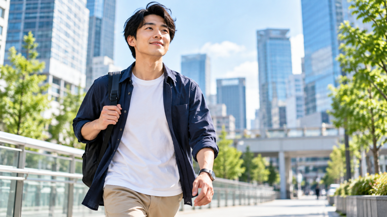 前向きな表情で外を歩いている男性のシーン