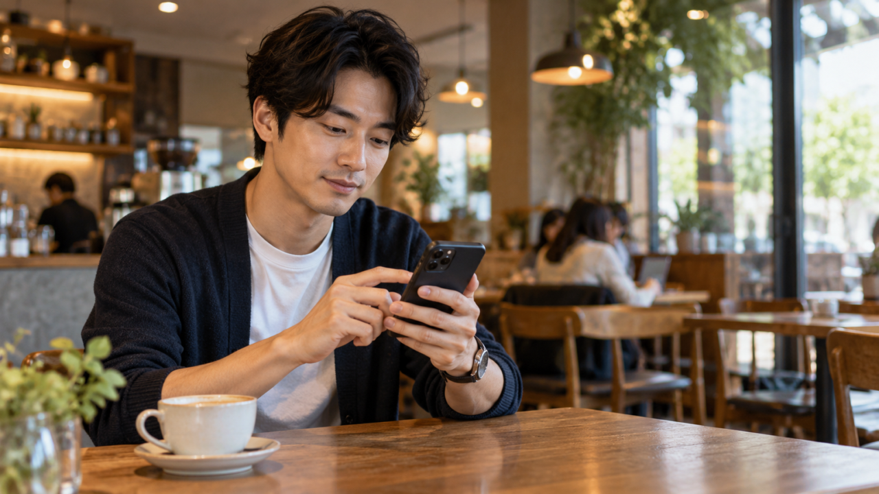 男性がスマートフォンでメッセージを送っている落ち着いたシーン