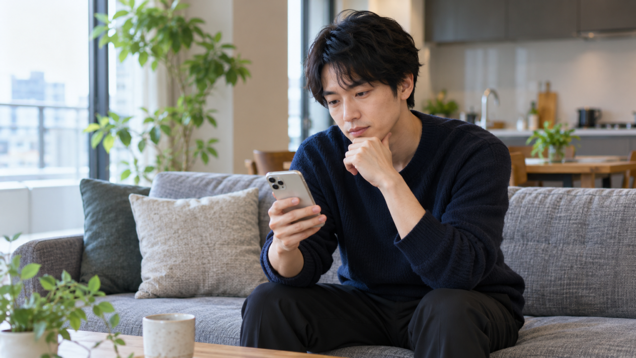 スマートフォンを見ながら考え込んでいる男性のシーン