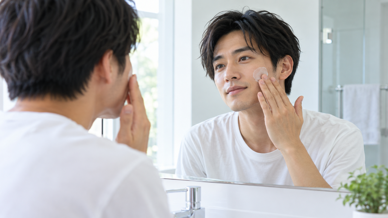 洗面台でスキンケアをしながら清潔感を整えている男性のシーン