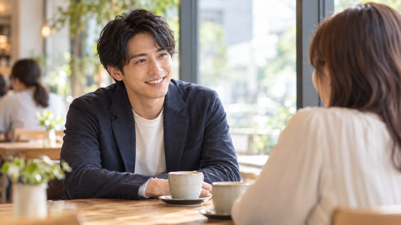 女性の話をしっかり聞きながら自然な笑顔で接している男性のシーン