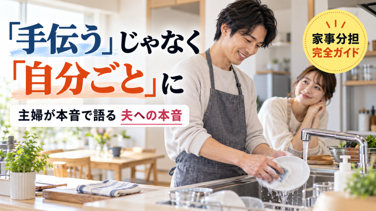 夫が皿洗いをしながら妻が見守る家事分担のシーン