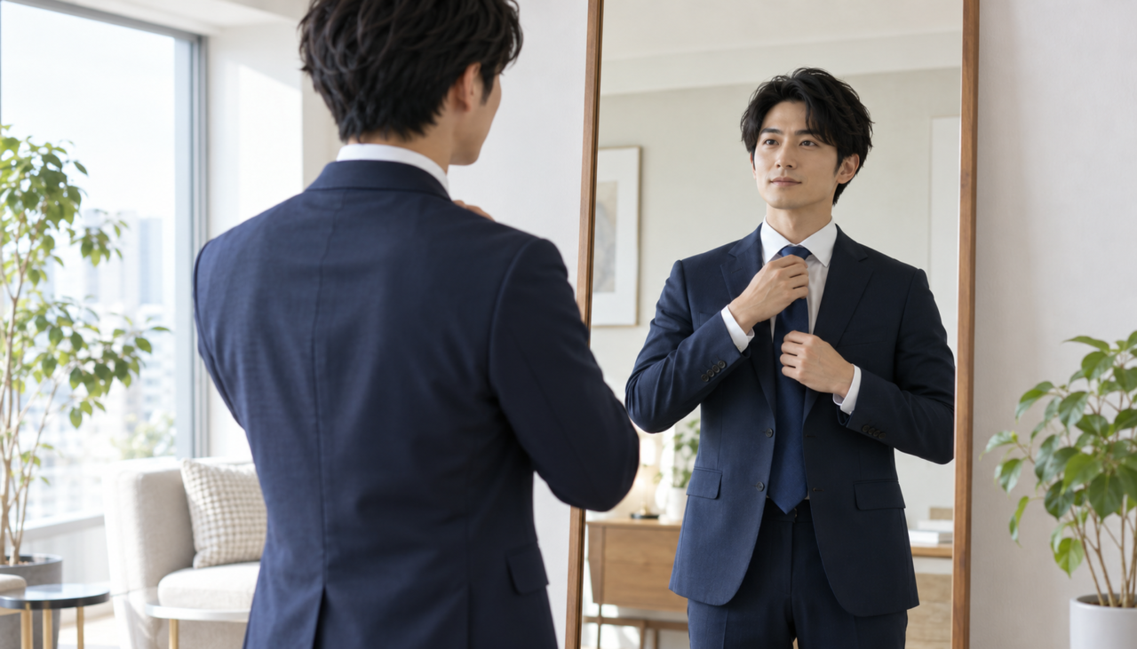 清潔感のある30代男性が鏡の前でスーツの着こなしを整えているシーン