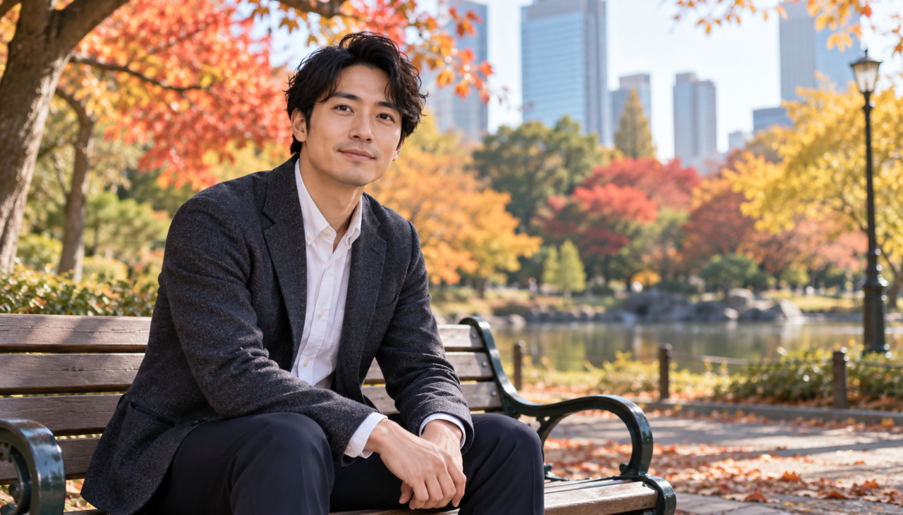 都市公園のベンチで前向きな表情をしている清潔感のある30代男性のシーン