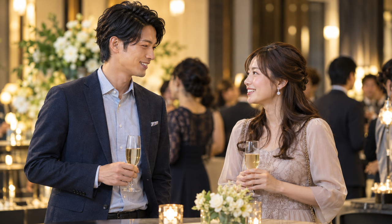 婚活パーティーで女性と楽しそうに話している落ち着いた雰囲気の30代男性のシーン