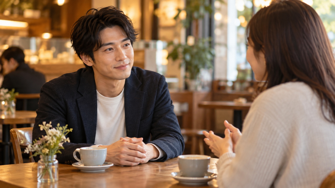 穏やかな表情で相手の話に共感しながら話を聞いている男性