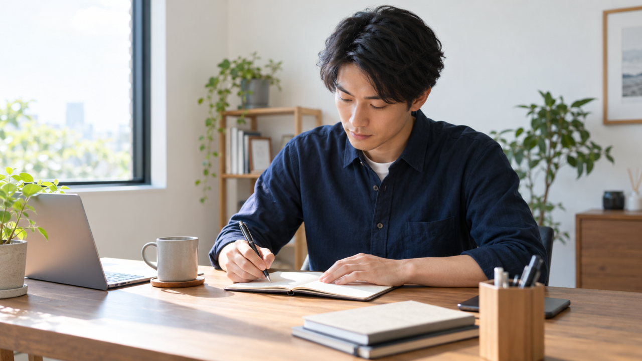 手帳にメモをしながら約束を管理している男性のシーン