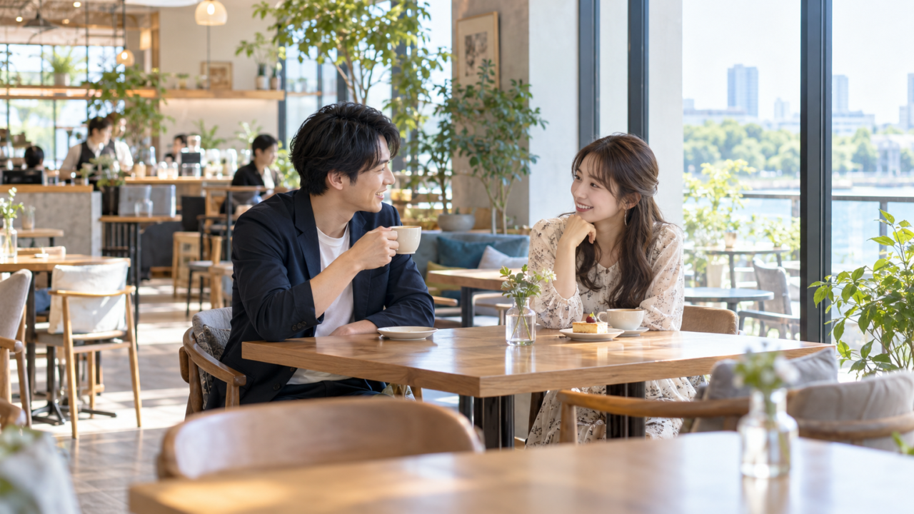 明るいカフェで初デートを楽しんでいる男女のシーン