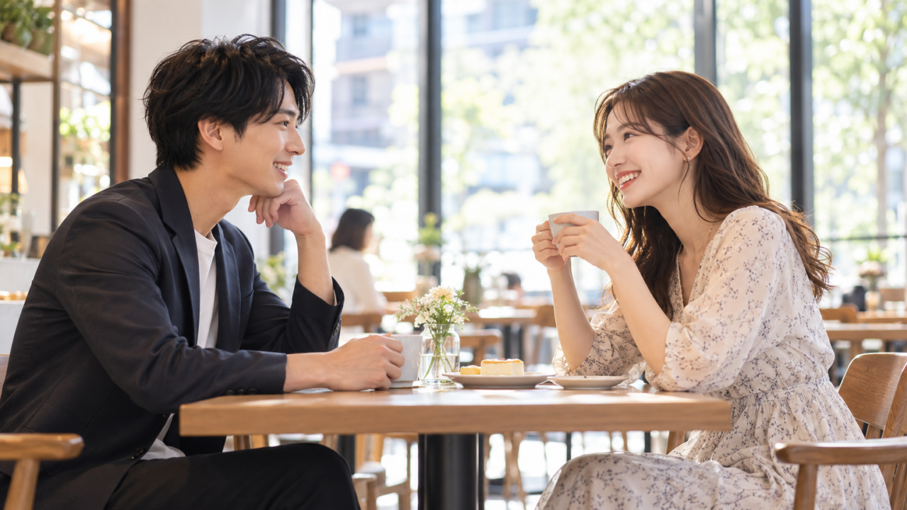 カフェで初デートの待ち合わせをしている男女のシーン