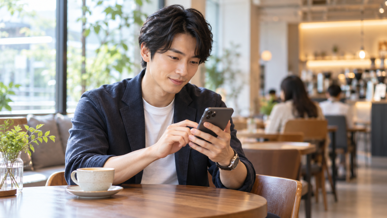 スマートフォンでマッチングアプリのメッセージを送りながら初デートのタイミングを考えている男性のシーン