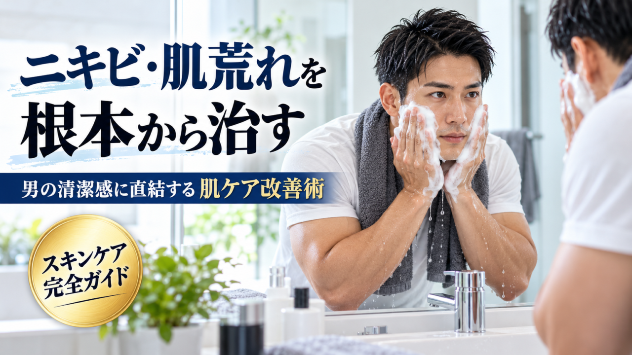 洗面台で丁寧に洗顔している短髪がっしり体格の男性のシーン
