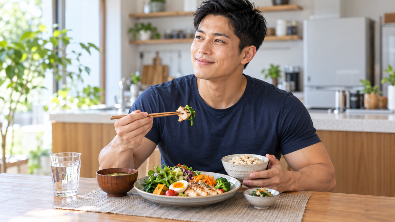 健康的な食事を楽しんでいる男性のシーン