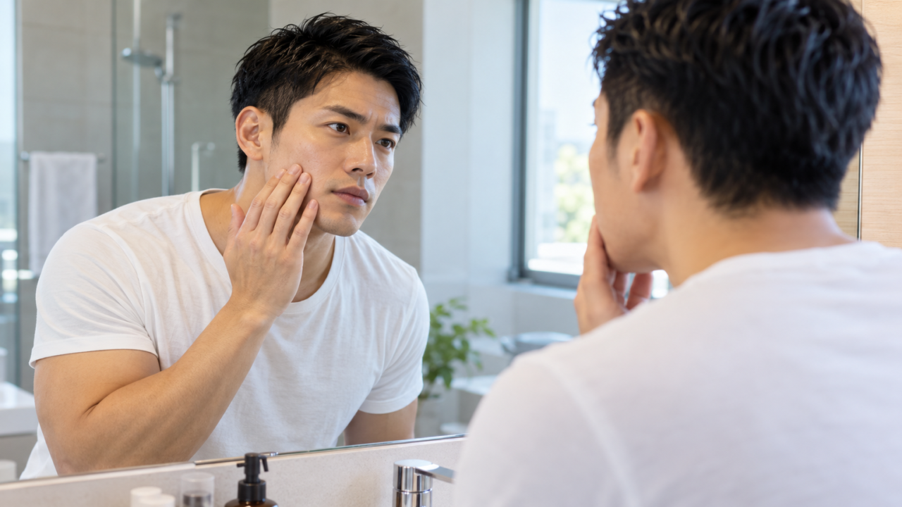 鏡の前で肌の状態をチェックしている男性のシーン