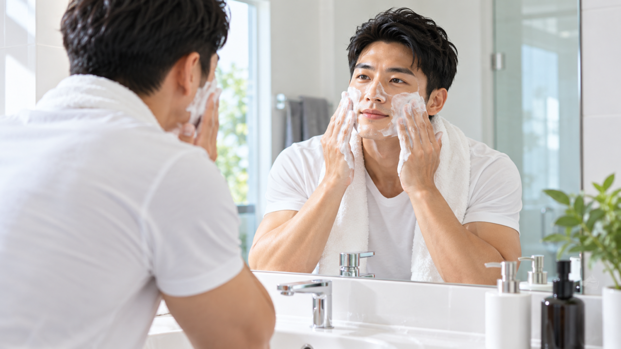 男性が洗面台で丁寧に洗顔しているスキンケアシーン