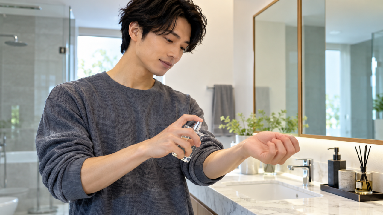 男性が洗面台の前で香水をつけている清潔感のあるシーン
