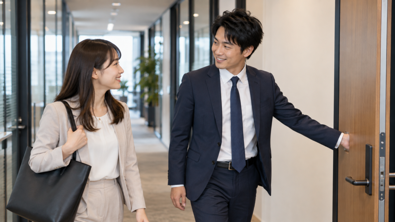 職場でさりげない気遣いをしながら同僚と笑顔で話している男性