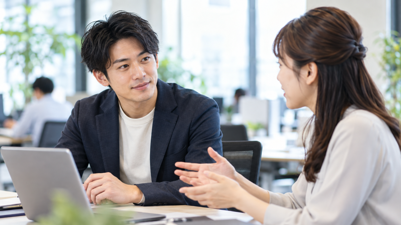職場で女性の話を笑顔で丁寧に聞いている男性のシーン