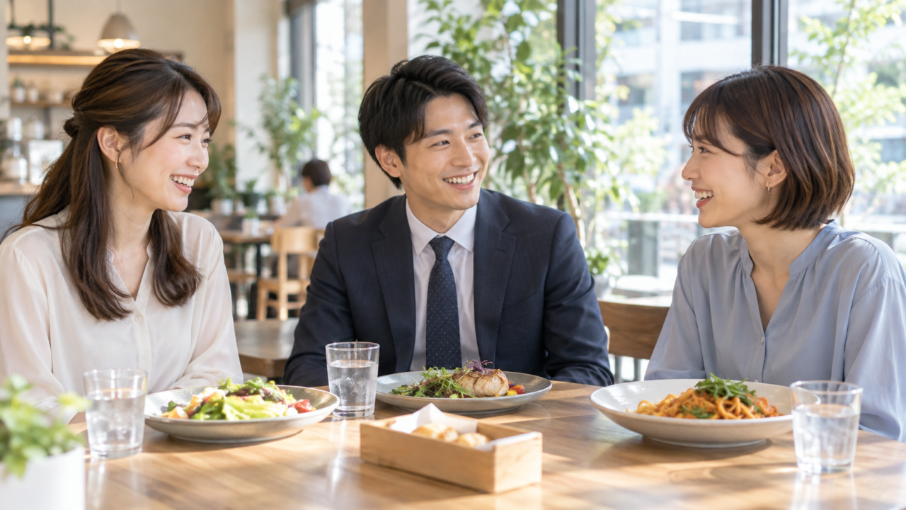 職場のランチタイムに同僚と楽しく話している男性